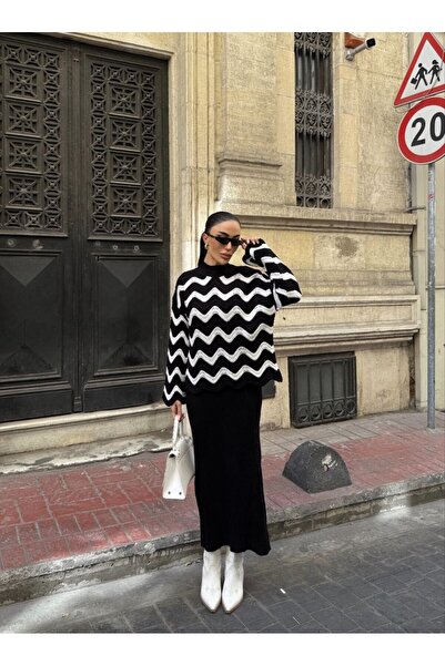 Knitoryx Women's Zigzag Patterned Knitwear Sweater and V-Neck Long Corded Fabric Dress Two-Piece Suit