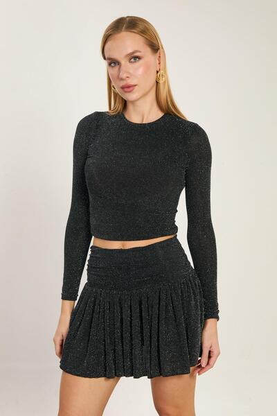 BARRELS AND OIL Women's Finger-Looped Glitter Long Sleeve Blouse - Gray