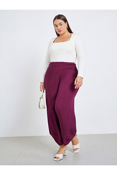 Styli Plus Size Burgundy Wide Leg Trousers