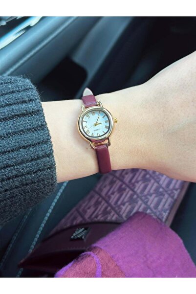 MERW ساعة يد نسائية من سلسلة ريمي موديل بوردو من الجلد باللون الأحمر الداكن