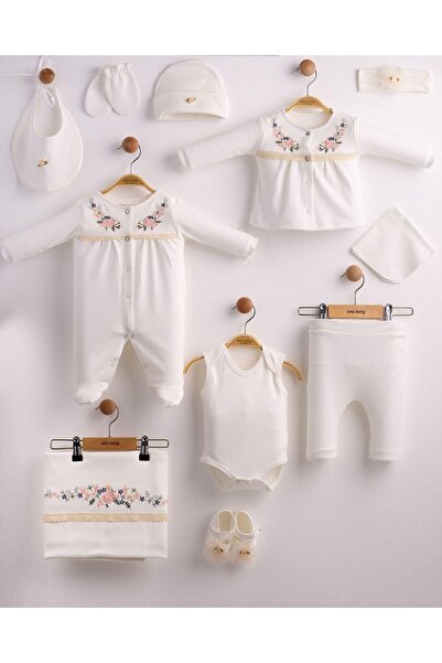 Eda Baby Sıralı Çiçekli 10'lu Hastane Çıkış Seti %100 Pamuk Yenidoğan 10'lu T...