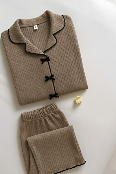COMBİNE MİCHAİL Women's Ribbon Tie Brown Pajama Set