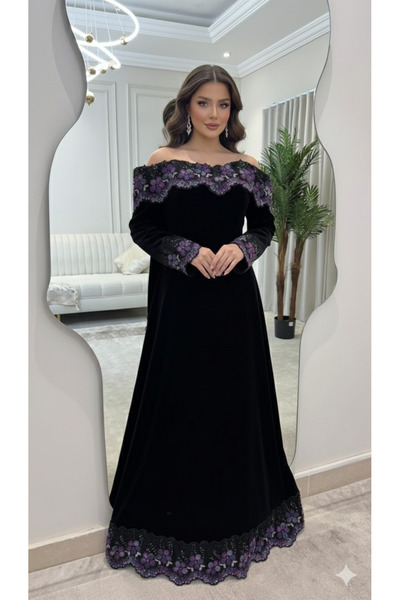 TOP BERLANTY فستان سهرة نسائي قطيفة فاخر - مطرز يدوياً بزهور اللافندر - تصميم كلاسيكي راقٍ