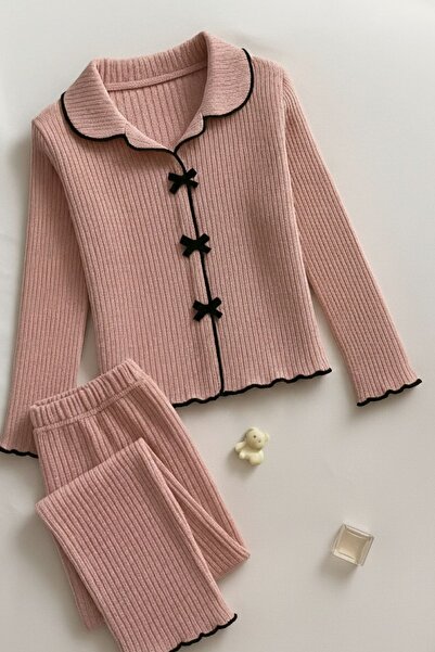 COMBİNE MİCHAİL Women's Ribbon Tie Pink Pajama Set