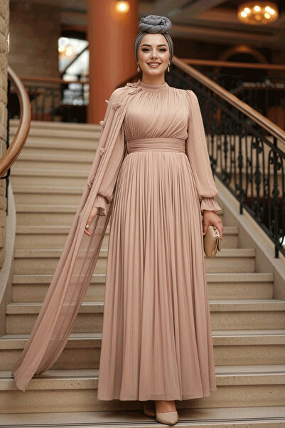 N.S NEVA STYLE Mink Hijab Evening Dress with Cape Detail 5394V