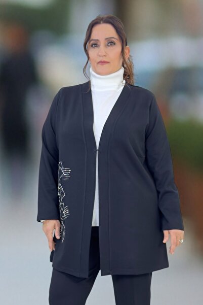 yagmurberen Geometric Pattern Stone-Embroidered Detail Agraf Closure Steel Knit Oversized Jacket