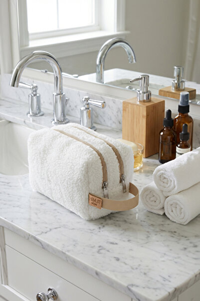 HAMUR Fluffy Zippered XL Two-Compartment Makeup and Cosmetic Care Bag Teddy Travel Organizer Beige