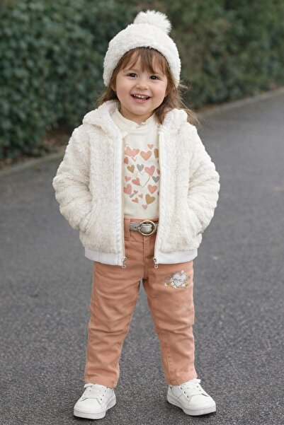 Bombili Kız Bebek-Çocuk Peluş Hırka Mont İç Badili Pantolon Üçlü Takım