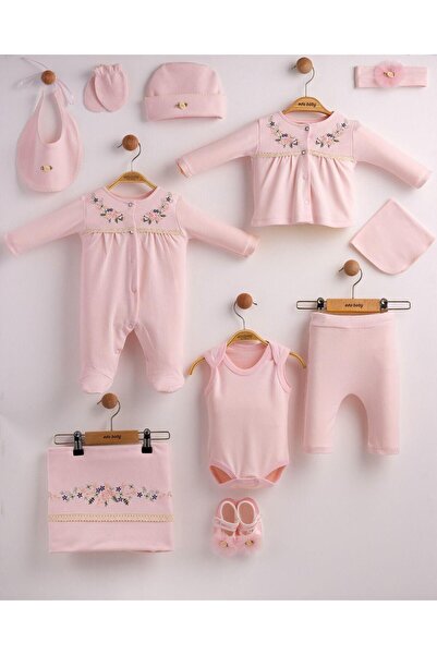 Eda Baby Sıralı Çiçekli 10'lu Hastane Çıkış Seti %100 Pamuk Yenidoğan 10'lu T...