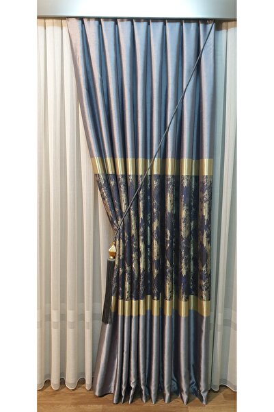 TÜLHOME LİNDA- Pano Fon Perde- Açık Gri,Gold,Lacivert- Sık pile(Bağlama Kordon Hediyeli)