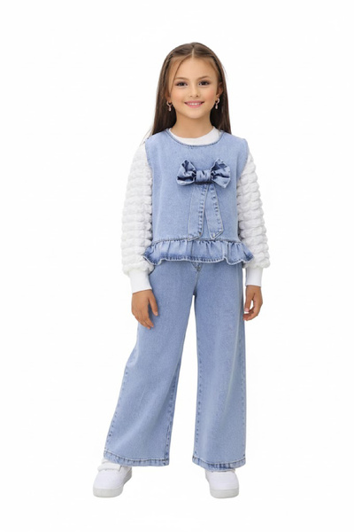 MODANINO Kız Çocuk 3'lü Jean Takım (Pantolon+Yelek+Bluz) 5-10 Yaş 12467