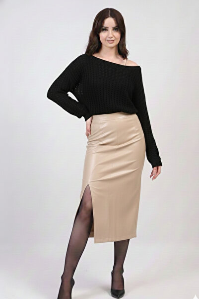 KaSheHa Bej Yırtmaçlı Pensli Deri Etek Yarasa Kol Ajurlu Crop Bluz Takım