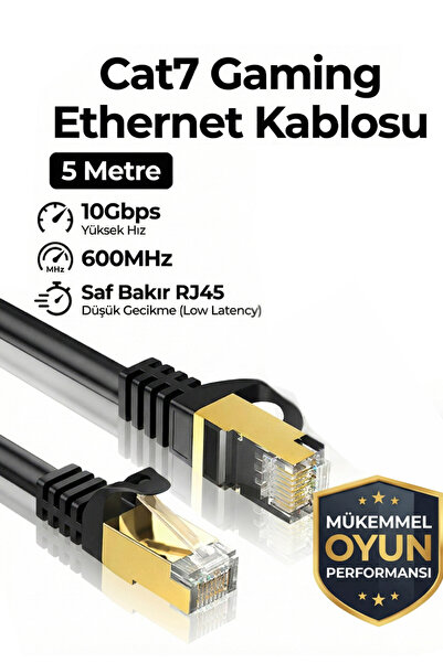 Reyonex Cat7 Gaming Ethernet Kablosu 5 Metre - 10Gbps 600MHz Yüksek Hız - Saf...