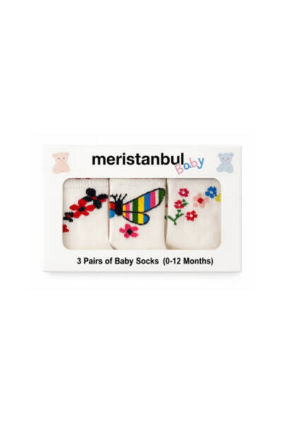meristanbul طقم جوارب للأطفال، 0-3 أشهر، 3 قطع، بنقشة الزهور والفراشات