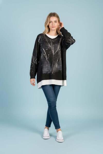 Seviliko V Yaka Uzun Kollu İnce İçi Kolsuz Gümüş Varaklı İkili İtalyan Bluz