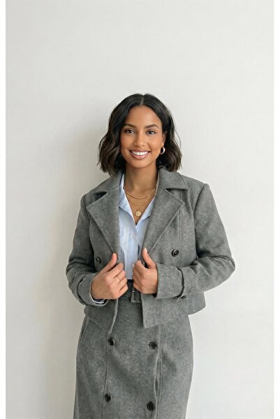 chwain Double-Breasted Short Cashmere Coat with Belt Skirt Suit