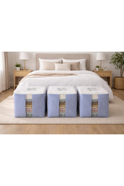 Timburly 3 Adet Home Sweet Home Çizgili Baza Altı Dolap üstü Büyük Yastık Yorgan Kazak Hurcu 64x64x74cm D76