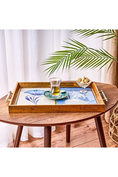 Evidea Kitchen Çiçek Desenli Ahşap Dikdörtgen Tepsi - Mavi / Krem - 43 cm