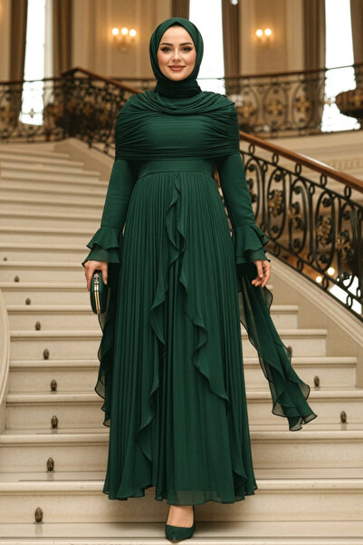 N.S NEVA STYLE - Ruffle Detailed Emerald Green Hijab Evening Dress 53981Zy