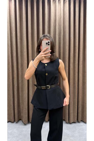 Maysa Gold Detail Belted Vest-Black