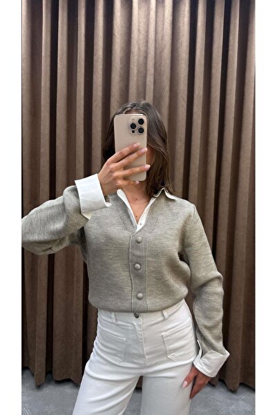 Maysa GÖMLEK DETAYLI TRİKO HIRKA-BEJ