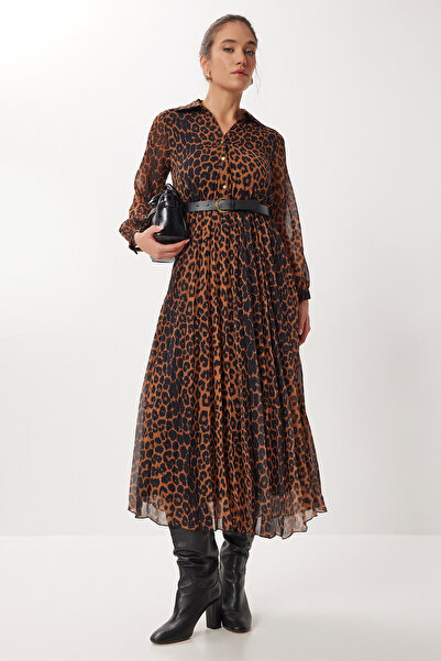 Lovelyİstanbul Leopard Print Belted Chiffon Dress Lxa0031 Camel Black