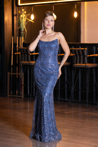 Abiyefon İndigo Straplez Yaka Boncuklu Uzun Abiye Elbise ABU5345