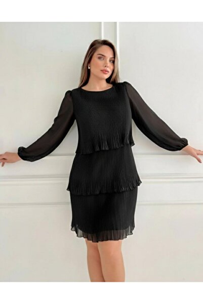 STEPS Plus Size Sleeves Chiffon Pleated Dress