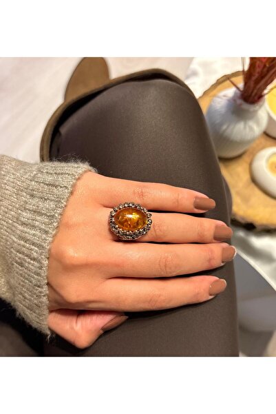 Ceso Accesories Retro Antik Görünümlü Kehribar Taşlı Ayarlanabilir Kadın Yüzük