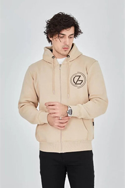 Zerenyus    Men's Hooded Printed Zippered Cardigan - Beige