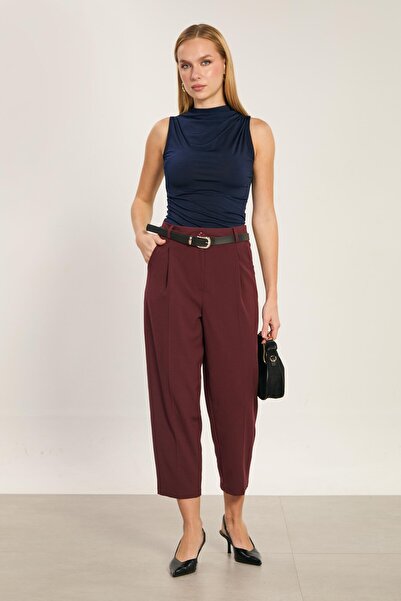 BARRELS AND OIL Kadın Kemerli Havuç Pantolon - Bordo