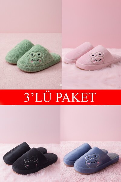 Moda Frato 3'lü Paket FROG Kurbağa Kapalı Kadın Terlik Ev Terliği, yılbaşı hediyesi
