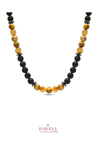 DAKANA JEWELLERY Certified Honey Tiger Eye Hematite and Lava Stone 8 mm Men's...