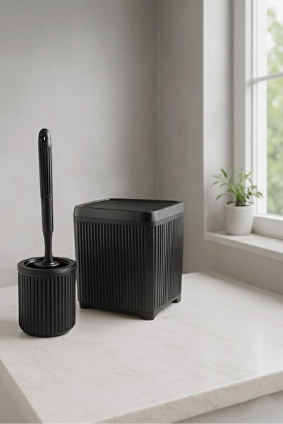 Sas Haus Lines Series Black Bathroom Set, 2 Piece Acrylic 5 Liter Trash Can 3078