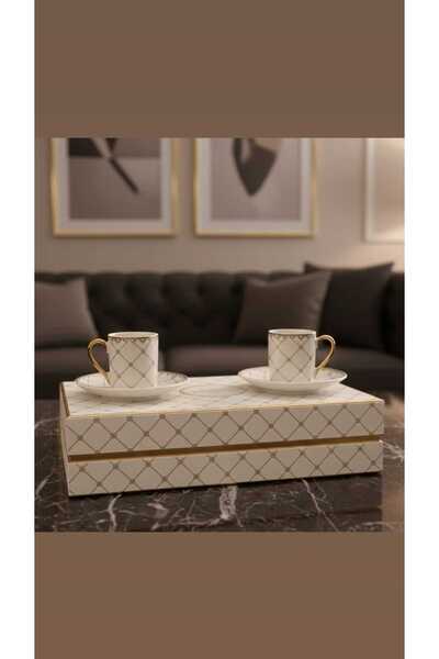 Kosova 2'li Lüks Porselen Kahve Fincanı Seti - Gold Detaylı Modern Çeyizlik Hediyelik Fincan Takımı