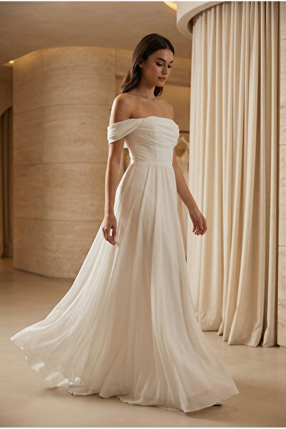 Hazal En Blanc Drapeli Düşük Kol Beyaz Nikah ve Özel Gün Elbisesi