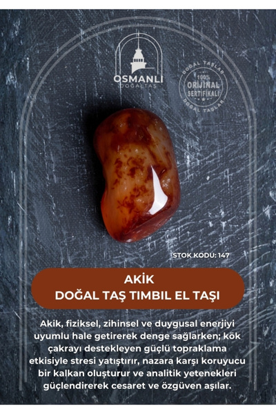 OSMANLI DOĞAL TAŞ Sertifikalı Akik Doğal Taş Tımbıl El Taşı (SK:147)