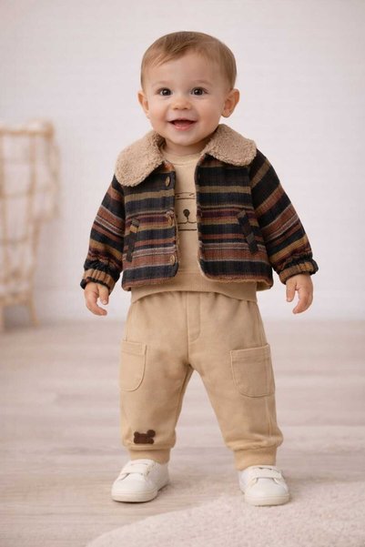 BY TUNA DESİGN Baby Boy Set with Plaid Jacket Fleece Lined Casual Combination