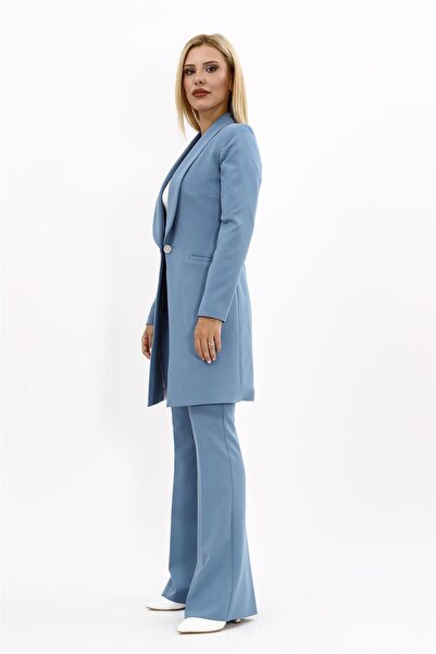 ÖNDER ÖZSOY سترة طويلة بياقة شال وجيوب وبنطلون واسع الأرجل بدلة نسائية محتشمة...