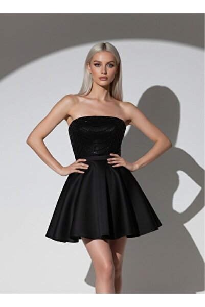 Tangül&Ali'S Moda Evi Straplez İşlemeli Mini Siyah Abiye