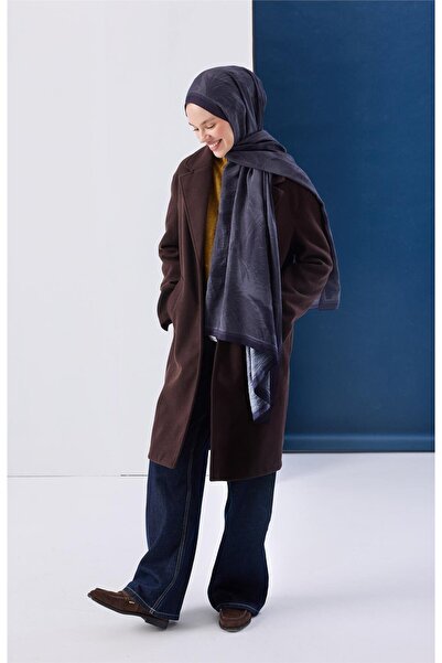 Silk Home Viscose Mayda Shawl with Midnight Blue Background and Metallic Gray Tones, Draped, Soft Texture, 190X70