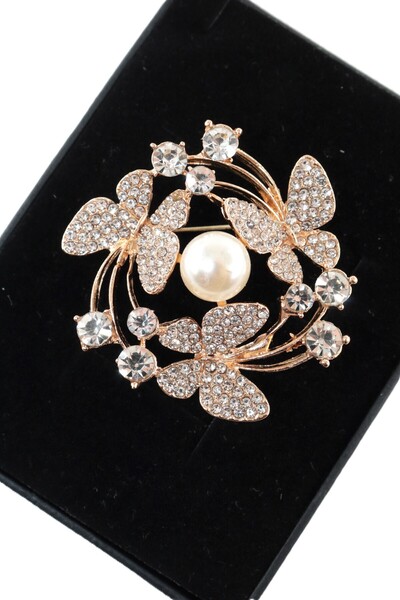 KEEBA İncili Kelebek Dansı Broş, Gold renkli kristal taşlı kelebekli incili k...