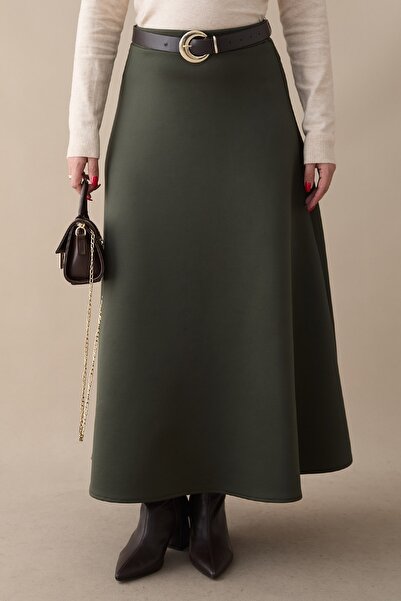 InStyle Flared Waist Elasticated Scuba Khaki Skirt