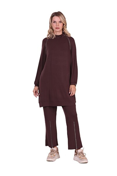 Invee Zippered Tracksuit Set Brown