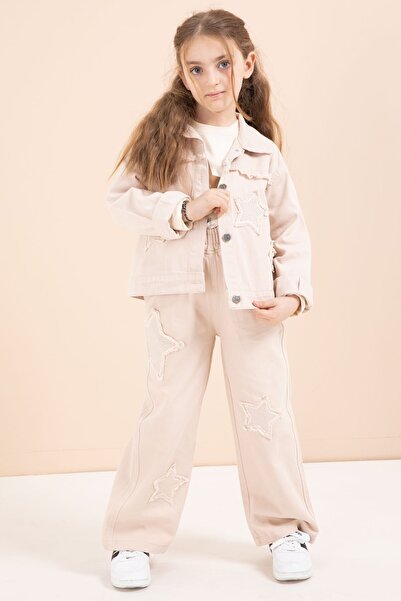 Cansın Mini Beige Stone Star Embroidered Jean Jacket and 3-Piece Pants Girl's Set 23438