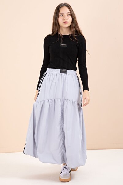 Cansın Mini Gray Striped Balloon Skirt Long Sleeve Bodysuit 2-Piece Girls' Set 23465