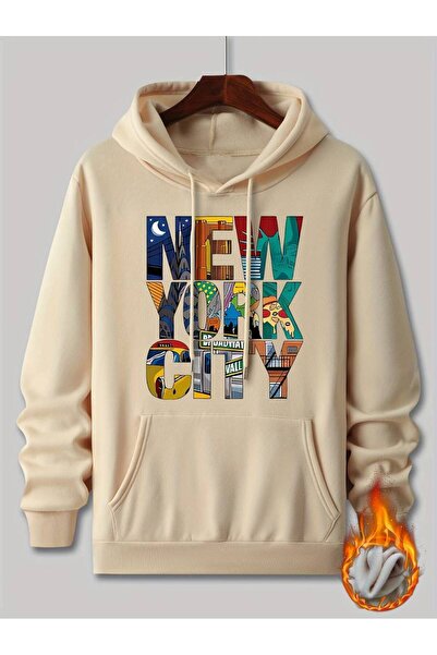 kahire Hanorac tricotat de bază, bej, cu glugă, cu imprimeu New York, cu flee...