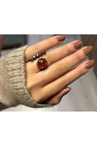 Ceso Accesories خاتم بتصميم أصيل مطلي بالبرونز قابل للتعديل بمظهر حجر العنبر