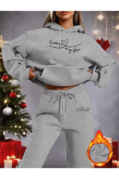 LELVANİ Valentine's Day Heart Series Pattern Print Bottom-Top Hooded Tracksui...