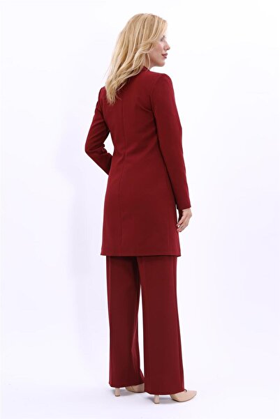 ÖNDER ÖZSOY سترة طويلة بياقة شال وجيوب وبنطلون واسع الساق - لون خمري